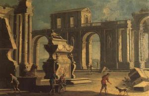 Un Caprice Architectural Avec Des Paysans Pres D'une Fontaine De Neptune by Gennaro Greco