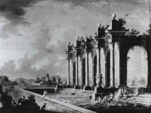 Nymphs Bathing In A Pool By Some Ruins by Gennaro Greco