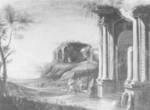 A Classical Italianate Landscape With Peasants              Resting By Roman Ruins, A View To A Bay by Gennaro Greco