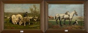 Chevaux Au Pre Et Bergere Et Son Troupeau (pair) by Jean Baptiste de Greef