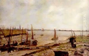 A View Of The River Scheldt Near Antwerp, With Moored Shipping In The Foreground