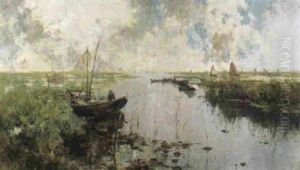 Rivierlandschap Met Visser Rivierlandschap Met Visser