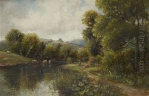 Fishermen In A River Landscape With Cattle Watering Fishermen In A River Landscape With Cattle Watering