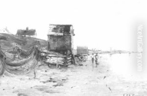 Coastal View With Fishing Shacks by Charles Edwin Lewis Green