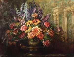 Large Floral Still Life Before A Classical Backdrop by Elizabeth Shippen Green
