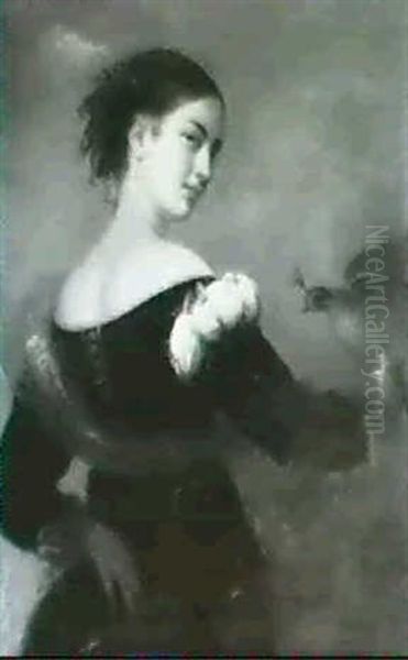 Portrait Of The Artist's Daughter, Half Length, In A        Black Dress With A Shawl And Pink Ribbon In Her Hair - view 1