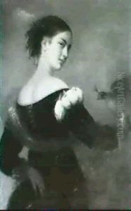 Portrait Of The Artist's Daughter, Half Length, In A        Black Dress With A Shawl And Pink Ribbon In Her Hair