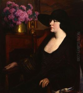 Portrait Of A Woman Seated Near A Floral Still Life by Joseph Greenbaum