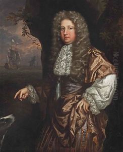 Portrait Of John Wood In A Brown Coat And Lace Stocking, A Dog At His Side, Ships From The Honourable East India Company Beyond