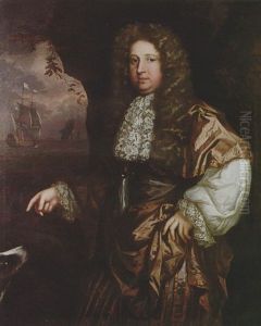 Portrait Of A Man (john Wood?) Wearing Silk Robes And A Lace Cravat, Standing In A Coastal Landscape With His Dog by John Greenhill