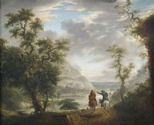 Zwei Reiter Auf Einer Anhohe Uber Einer Flusslandschaft