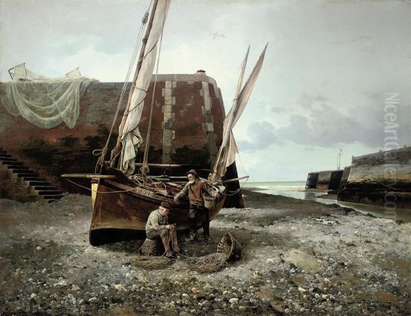 Fishermen Mending Their Nets At Low Tide - view 1