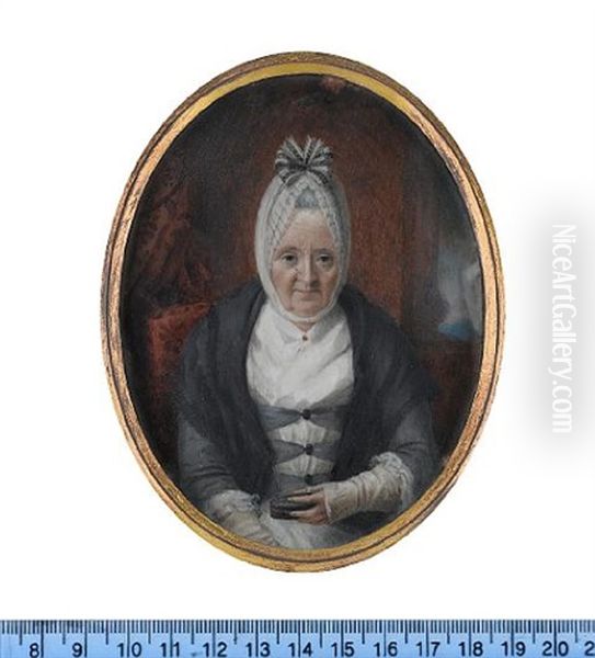 An Elderly Lady, Seated On A Red Upholstered Chair, Wearing Gray-blue Open Robe And White Dress, Fingerless Gloves And Fichu, Headdress Tied On Top With White And Grey Ribbon And Blue Shawl - view 1