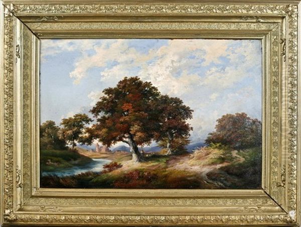 Herbstliche Landschaft Mit Viehhirten Am Bachlauf Mit Blick Auf Dorf - view 1