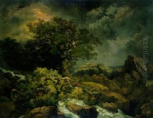 Waldlandschaft Mit Felsblocken Und Einem Sturzbach Waldlandschaft Mit Felsblocken Und Einem Sturzbach