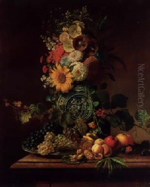 Summer Flowers In An Elaborate Vase With Peaches, Apples, Pears And Walnuts On A Table Alongside - view 1