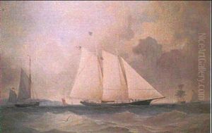 The Celebrated 1851 Schooner America, Shown In Her Trans Atlantic Ocean Rig And Flying The Ensign Of The N.y. Yacht by Charles Gregory