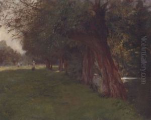 Figures Strolling By A River On A Summer's Day by Edward John Gregory