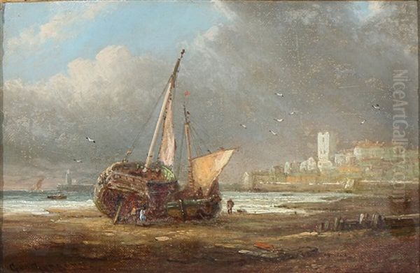 Coastal Scene With Two Ships Drawn Up On The Beach - view 1