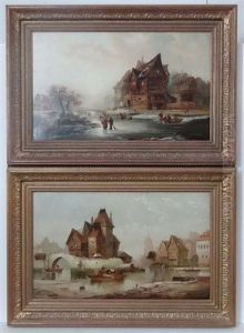 River Frozen Over With Ice Skaters And Buildings: A Lowlands Scene Possibly Coblenz On The Rhine (pair) by George Gregory