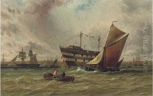 A Fishing Boat Sailing To Leeward Of An Anchored Hulk On The Medway - view 1