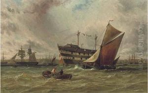 A Fishing Boat Sailing To Leeward Of An Anchored Hulk On The Medway by George Gregory