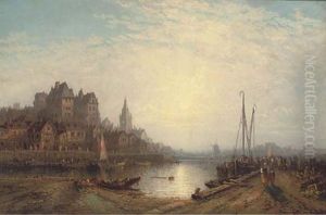 A Continental Harbour At Dusk, With Fishermen Unloading On The Quay