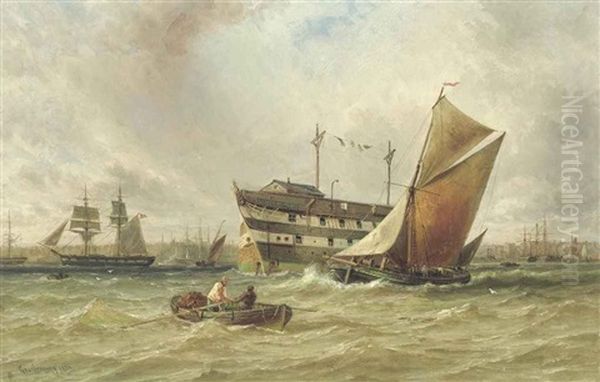 A Freshening Breeze On The Medway With A Prison Hulk Lying At Anchor - view 1