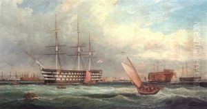 Hms "victory", 100 Guns, In Portsmouth Harbour, With Hms The "duke Of Wellington", The Flagship Of The Fleet, Alongside, The Semaphore Tower And Frigates Beyond by George Frederick Gregory