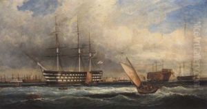 "h.m.s. Victory" At Her Moorings In Portsmouth Harbour, With "h.m.s. Duke Of Wellington" And Other Shipping Beyond