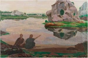 Western Landscape With Two Figures By A Lake In The Foreground, Hills Beyond by Robert Gregory