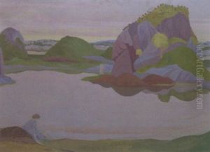 Western Landscape With Figures By A Lake by Robert Gregory