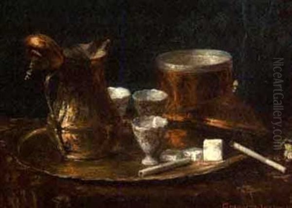 Still Life With Copper Tea Service And Burning Cigarette - view 1