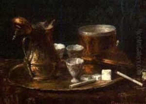 Still Life With Copper Tea Service And Burning Cigarette