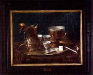 Still Life With Copper Tea Service And Burning Cigarette by Emerich Imre Greguss