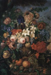 Blumen- Und Fruchtestilleben Auf Einer Balustrade