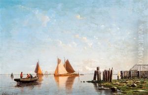 Vissersboten Op Kalm Water Met Drie Figuren In Een Roeiboot