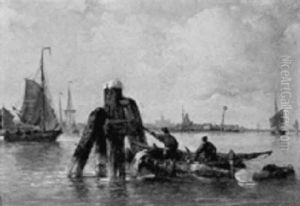 Fishermen In A Rowing Boat By A Mooring-post