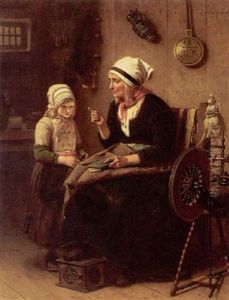 A Cottage Interior With A Woman And Child by Peter Franciscus Greive