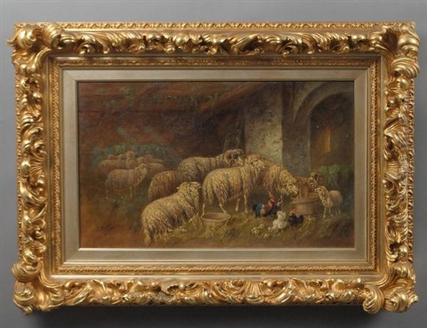 Sheep And Fowl In A Barn - view 1