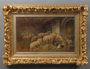 Sheep And Fowl In A Barn by Johanna Grell
