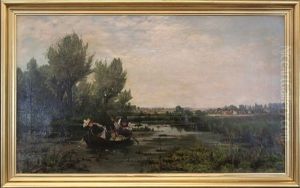 Paar In Einem Ruderboot, Die Dame Nach Einer Seerose Greifend