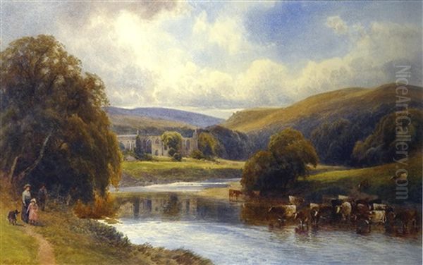 The Wharfe At Bolton Abbey With Figures And Cattle In The Foreground - view 1