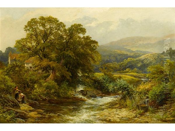 A Woodland Stream With Figures On The Bank And Cottages In The Distance - view 1