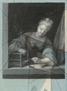Jeune Femme A La Cage Aux Oiseaux En Trompe-l"oeil De Vitre Brisee by Gabriel Gresly