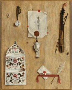 Trompe L'oeil With An Engraving, Pocket Watch, Quill Pen, Pochette, And Letter Holder by Gabriel Gresly