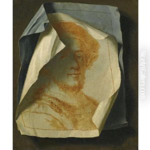 Trompe L'oeil With Two Portrait Drawings Pinned To The Wall by Gabriel Gresly