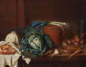 Cabbages, Leeks, Turnips, Carrots And Onions With A Knife, A Jug And Meat On A Table by Gabriel Gresly