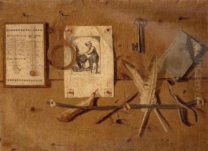 Trompe L'oeil Of A Barometer And Thermometer, Together With A Magnifying Glass, A Print Of Le Gagne Petit, A Key, And A Pen by Gabriel Gresly