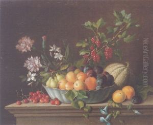 Still Life Of Peaches, Pears And Plums In A Blue Porcelain Bowl, With Cherries, A Honey Melon And Red Currants, All Upon A Stone Ledge by Gabriel Gresly